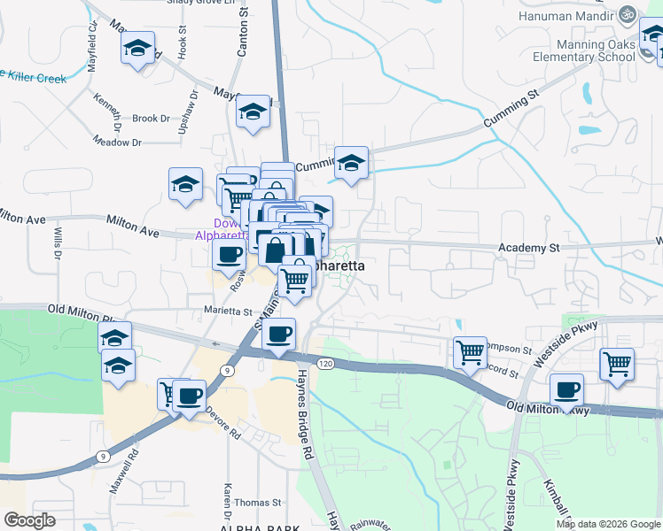 map of restaurants, bars, coffee shops, grocery stores, and more near in Alpharetta