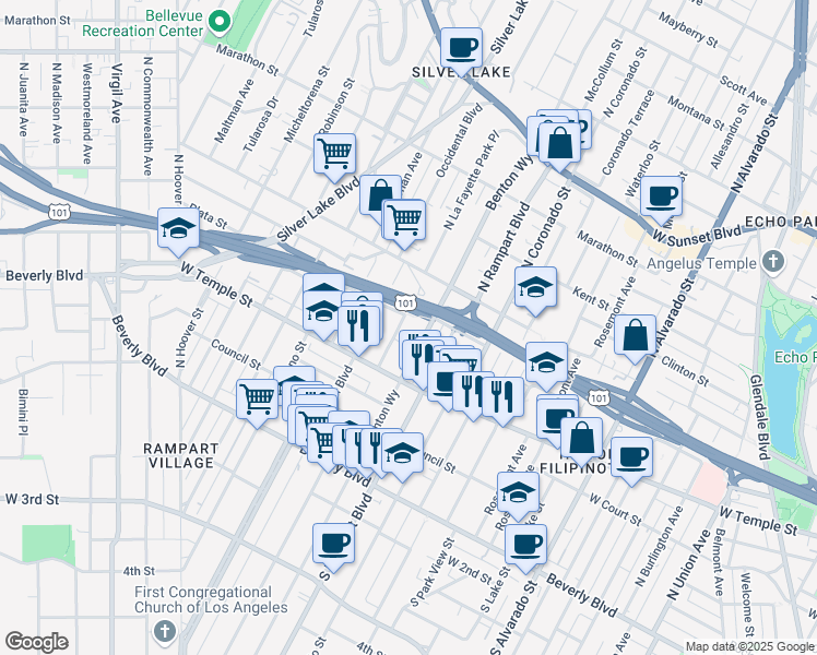 map of restaurants, bars, coffee shops, grocery stores, and more near 408 North La Fayette Park Place in Los Angeles