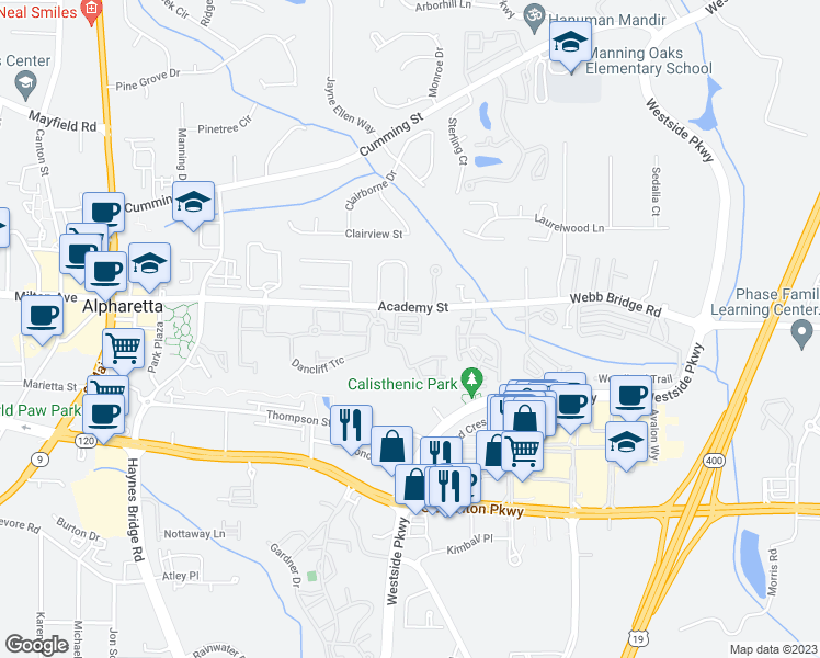 map of restaurants, bars, coffee shops, grocery stores, and more near 2550 Milford Lane in Alpharetta
