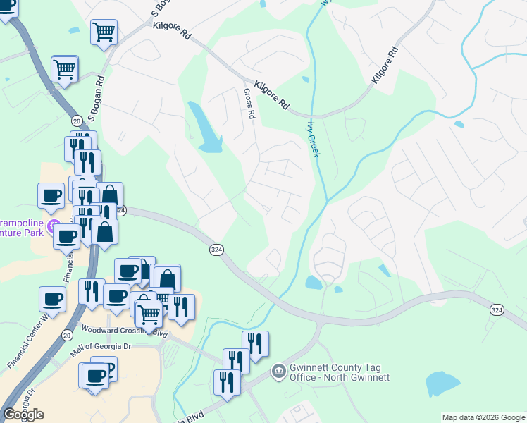 map of restaurants, bars, coffee shops, grocery stores, and more near 3100 Hallmark Lane Northeast in Buford