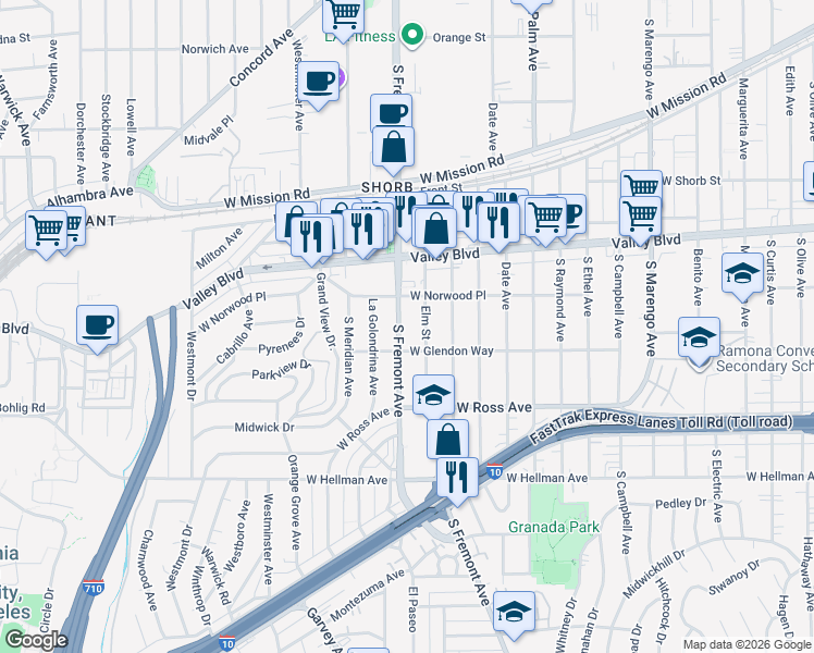map of restaurants, bars, coffee shops, grocery stores, and more near 1645 Fremont Avenue in Alhambra