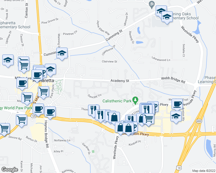 map of restaurants, bars, coffee shops, grocery stores, and more near Dancliff Lane in Alpharetta
