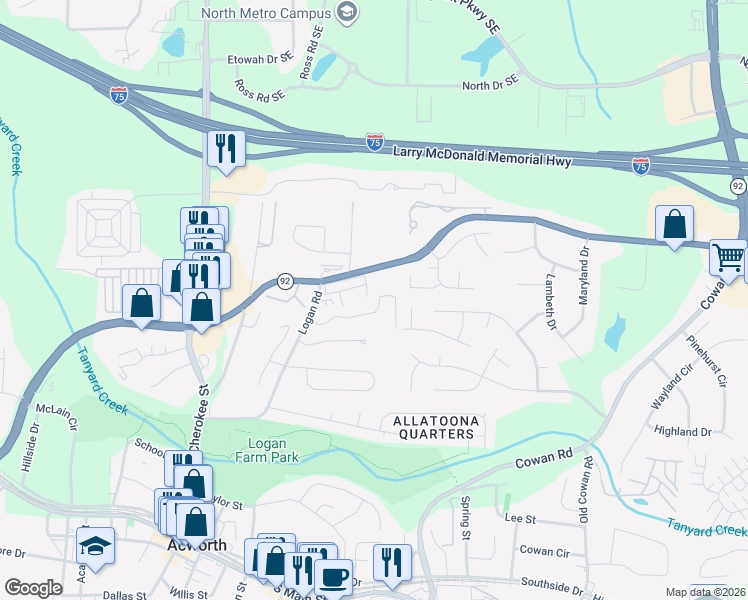 map of restaurants, bars, coffee shops, grocery stores, and more near 4454 Logan Way in Acworth