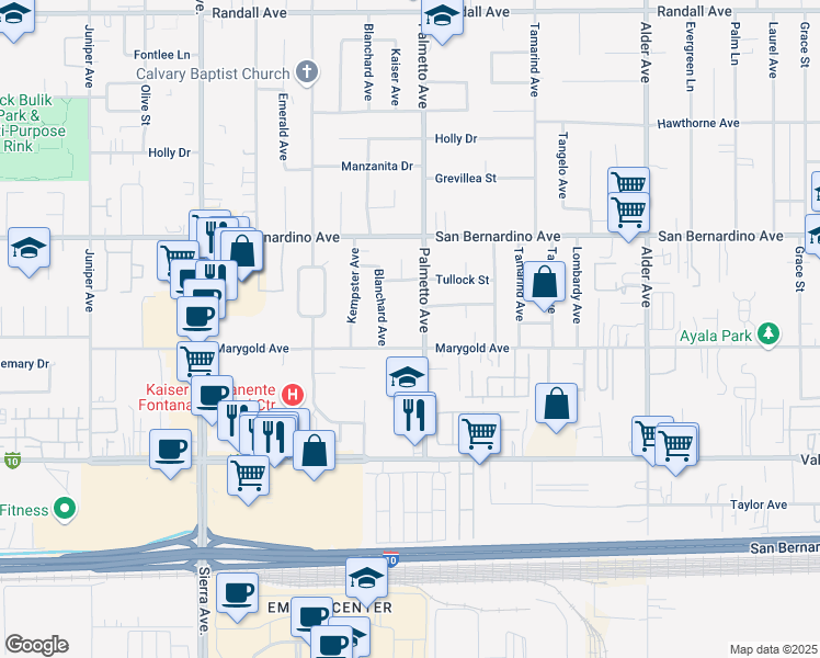 map of restaurants, bars, coffee shops, grocery stores, and more near 17271 Marygold Avenue in Fontana