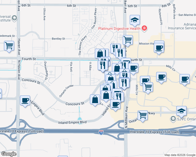 map of restaurants, bars, coffee shops, grocery stores, and more near 4152 Concours Street in Ontario