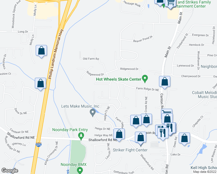 map of restaurants, bars, coffee shops, grocery stores, and more near 5143 Farm Place Drive Northeast in Woodstock
