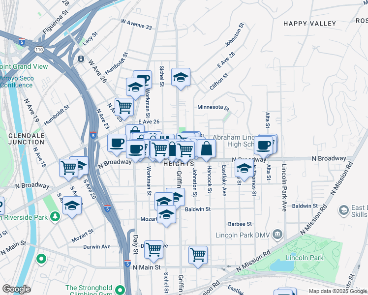 map of restaurants, bars, coffee shops, grocery stores, and more near 2430 Griffin Avenue in Los Angeles