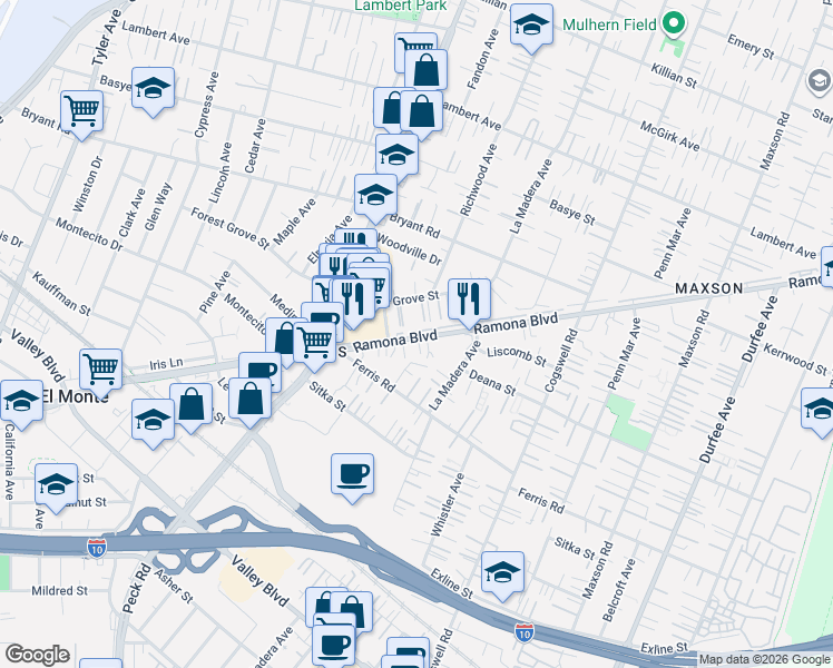 map of restaurants, bars, coffee shops, grocery stores, and more near 11718 Ramona Boulevard in El Monte