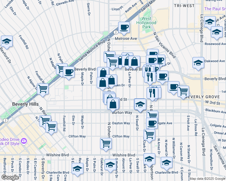map of restaurants, bars, coffee shops, grocery stores, and more near 100 South Doheny Drive in Los Angeles