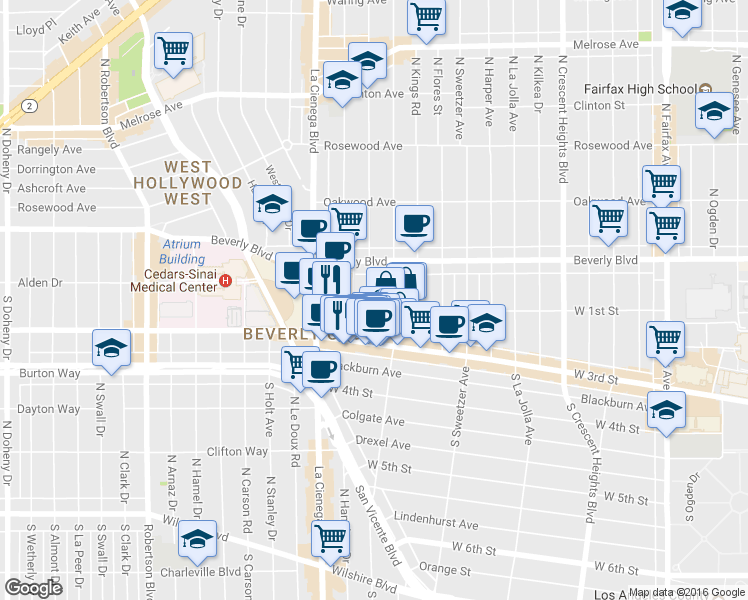 map of restaurants, bars, coffee shops, grocery stores, and more near 102 N Croft Ave in Los Angeles