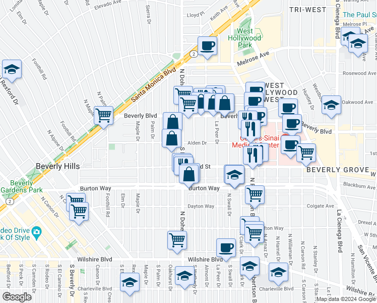 map of restaurants, bars, coffee shops, grocery stores, and more near 100 South Doheny Drive in Los Angeles