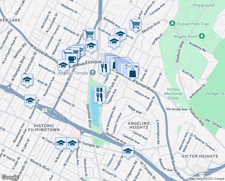 map of restaurants, bars, coffee shops, grocery stores, and more near 1030 Echo Park Avenue in Los Angeles
