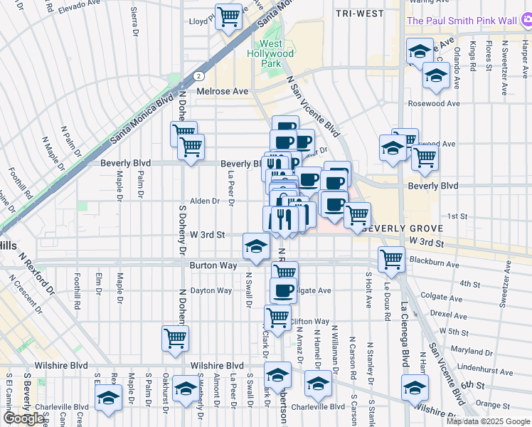 map of restaurants, bars, coffee shops, grocery stores, and more near 142 South Clark Drive in West Hollywood