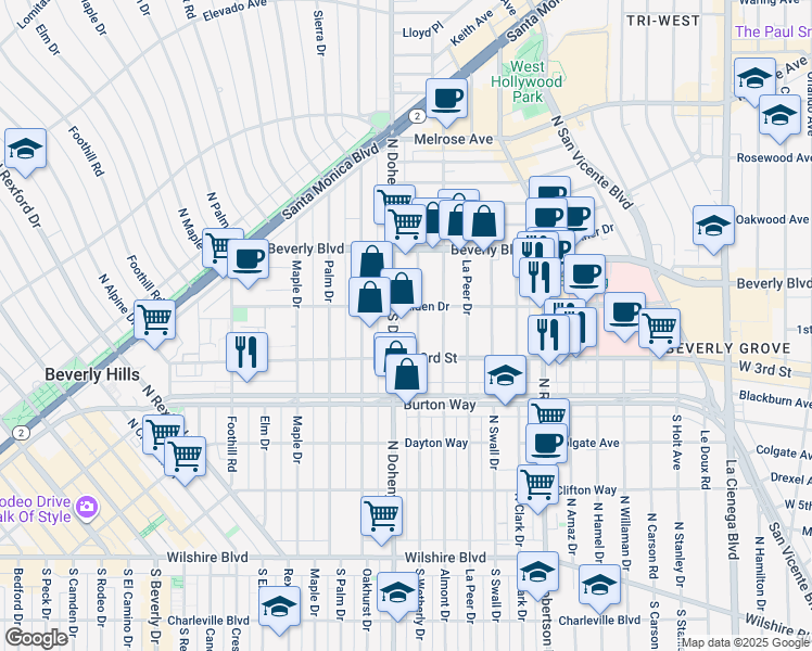 map of restaurants, bars, coffee shops, grocery stores, and more near 100 South Doheny Drive in Los Angeles