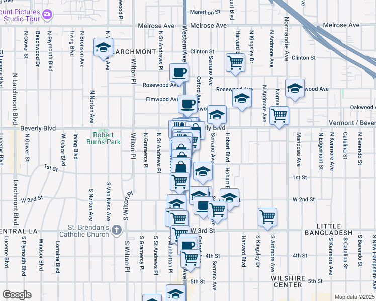 map of restaurants, bars, coffee shops, grocery stores, and more near in Los Angeles