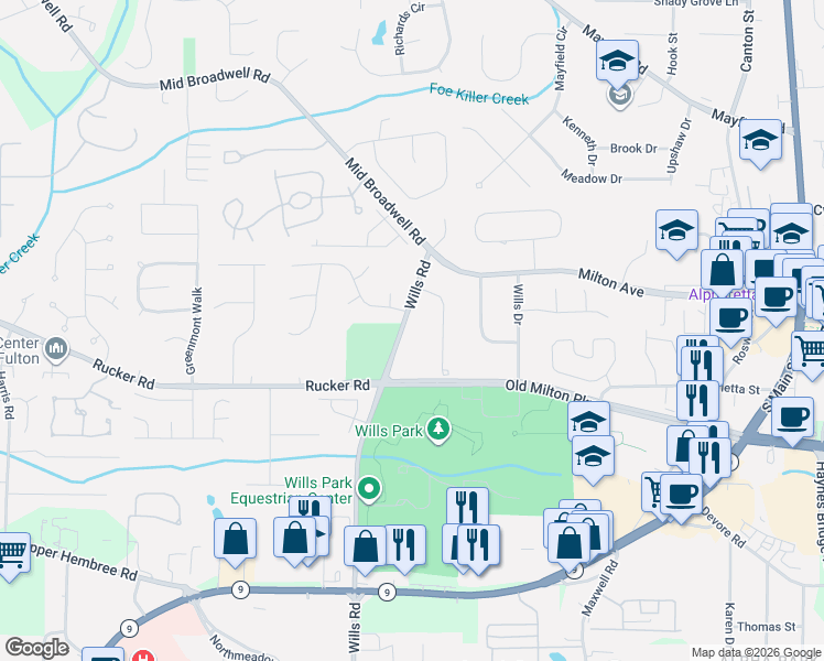 map of restaurants, bars, coffee shops, grocery stores, and more near 171 Burnett Way in Alpharetta