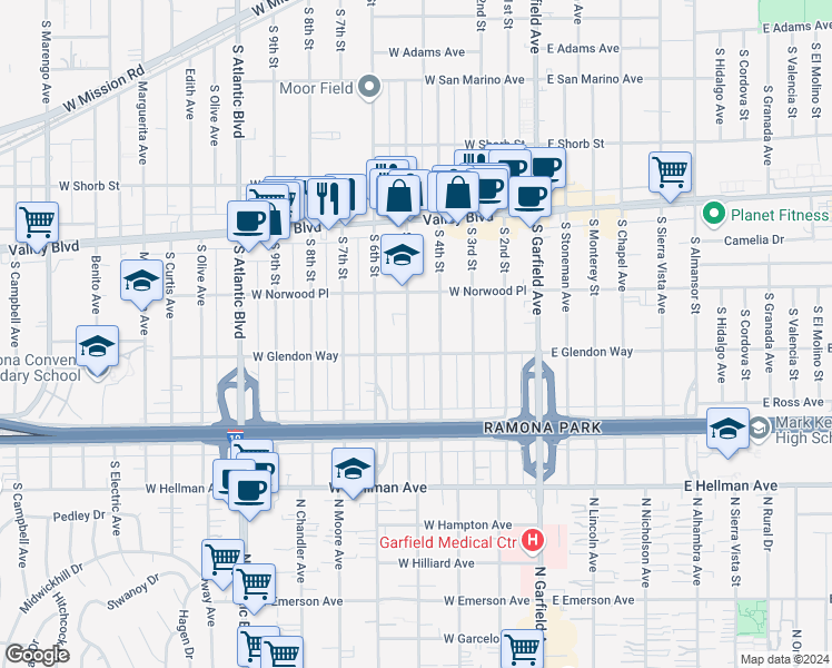 map of restaurants, bars, coffee shops, grocery stores, and more near 1700 South 5th Street in Alhambra