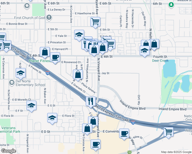 map of restaurants, bars, coffee shops, grocery stores, and more near 852 North San Diego Avenue in Ontario