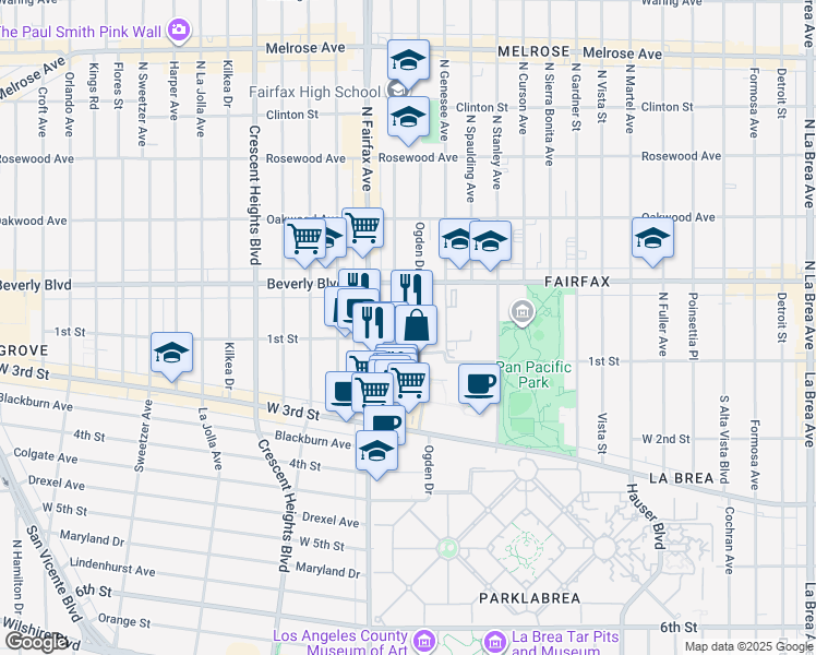 map of restaurants, bars, coffee shops, grocery stores, and more near 110 South Fairfax Avenue in Los Angeles