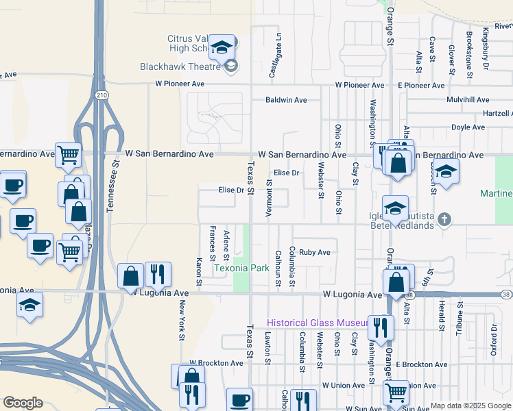 map of restaurants, bars, coffee shops, grocery stores, and more near 1522 Texas Street in Redlands