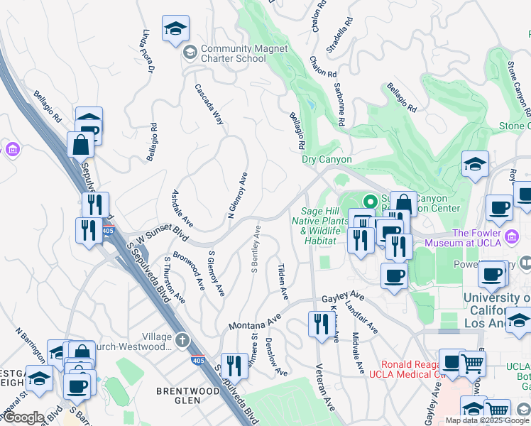 map of restaurants, bars, coffee shops, grocery stores, and more near 11075 Sunset Boulevard in Los Angeles