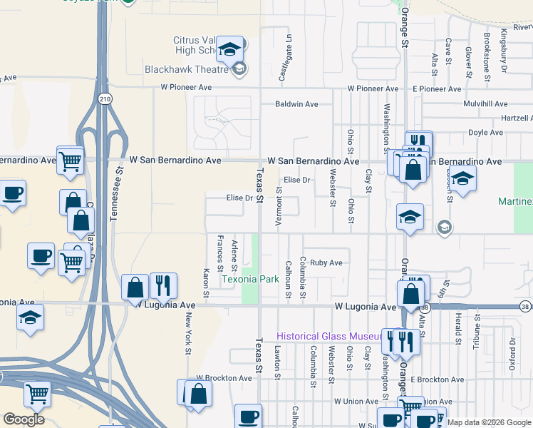 map of restaurants, bars, coffee shops, grocery stores, and more near 1522 Texas Street in Redlands