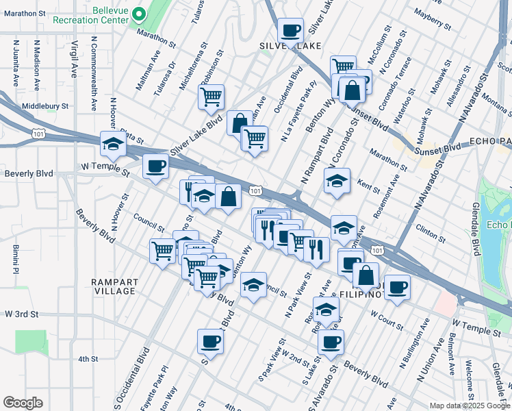 map of restaurants, bars, coffee shops, grocery stores, and more near 408 North La Fayette Park Place in Los Angeles