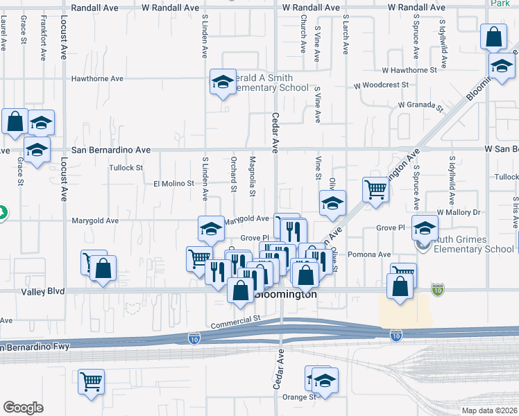map of restaurants, bars, coffee shops, grocery stores, and more near 9871 Magnolia Street in Bloomington