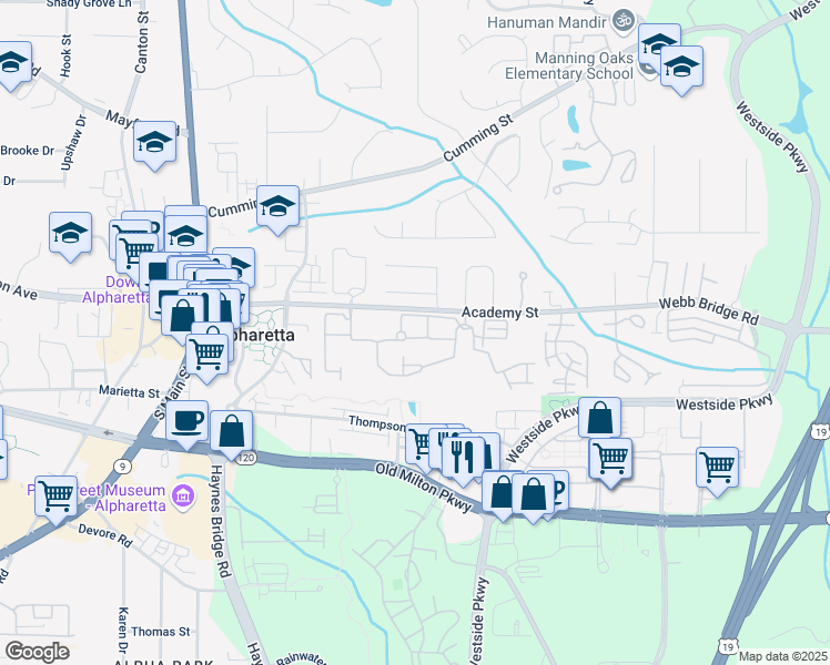 map of restaurants, bars, coffee shops, grocery stores, and more near 12285 Dancliff Trce in Alpharetta