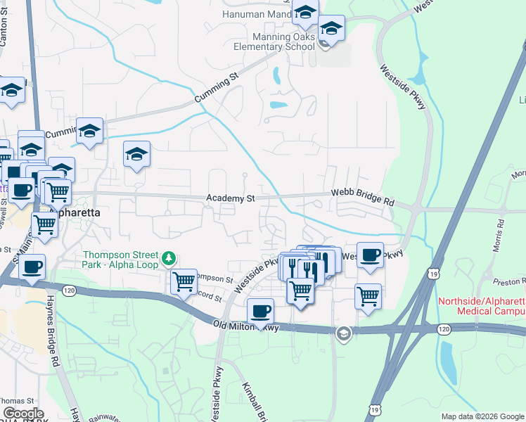 map of restaurants, bars, coffee shops, grocery stores, and more near 1280 Jamestowne Trail in Alpharetta