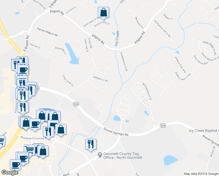 map of restaurants, bars, coffee shops, grocery stores, and more near Mill Garden Place Northeast in Buford