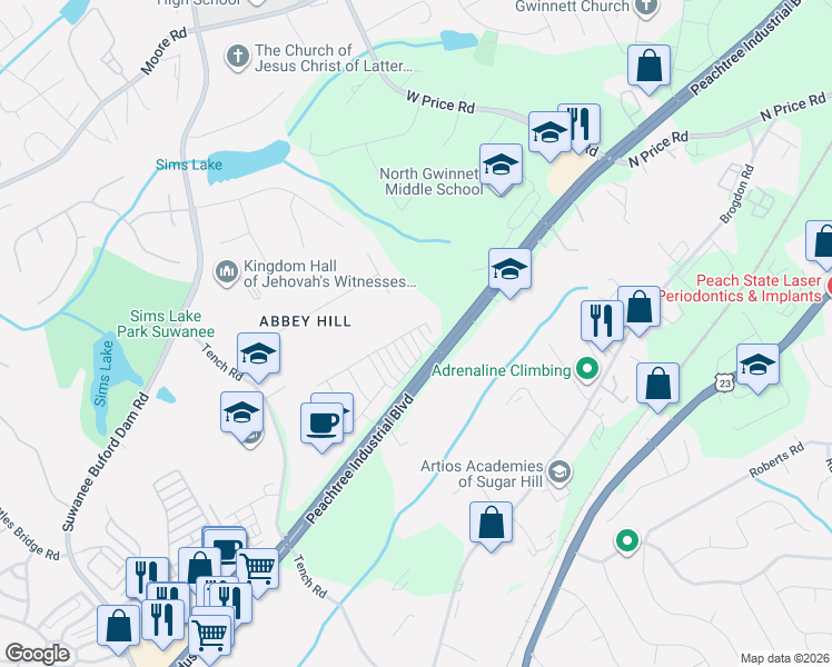 map of restaurants, bars, coffee shops, grocery stores, and more near 4220 Hadley Park Road in Sugar Hill