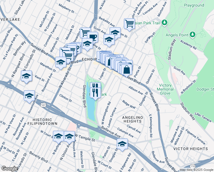map of restaurants, bars, coffee shops, grocery stores, and more near 1030 Echo Park Avenue in Los Angeles