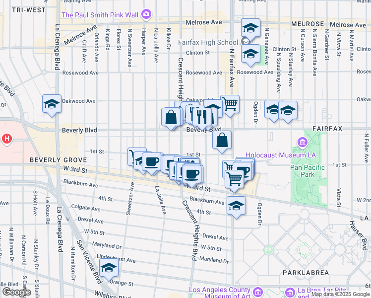 map of restaurants, bars, coffee shops, grocery stores, and more near 108 North Crescent Heights Boulevard in West Hollywood