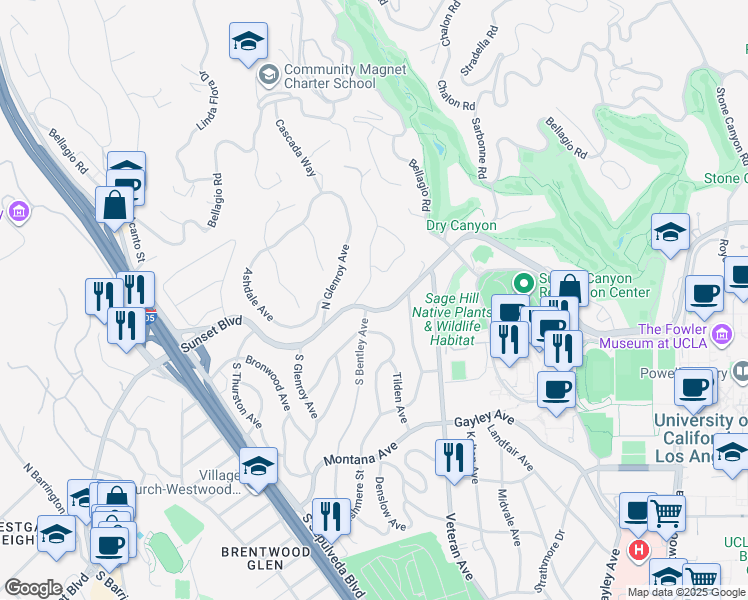 map of restaurants, bars, coffee shops, grocery stores, and more near 11075 Sunset Boulevard in Los Angeles