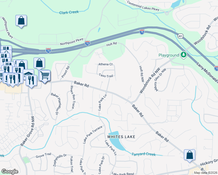 map of restaurants, bars, coffee shops, grocery stores, and more near 1003 Marina Trace Drive in Acworth