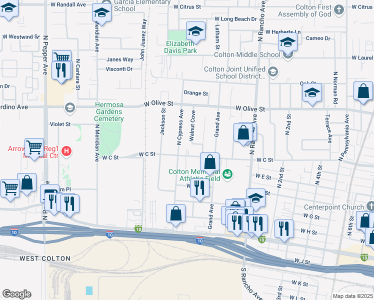 map of restaurants, bars, coffee shops, grocery stores, and more near 963 West C Street in Colton