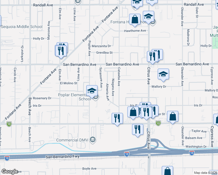map of restaurants, bars, coffee shops, grocery stores, and more near 9900 Niagara Avenue in Fontana