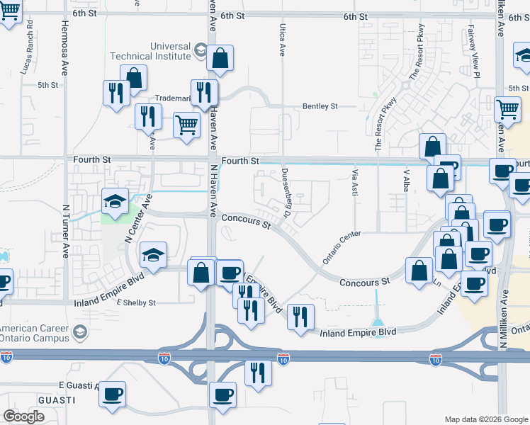 map of restaurants, bars, coffee shops, grocery stores, and more near 3536 Concours Street in Ontario