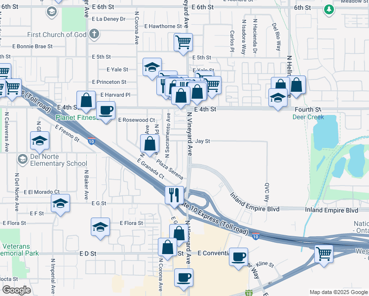 map of restaurants, bars, coffee shops, grocery stores, and more near 852 North San Diego Avenue in Ontario