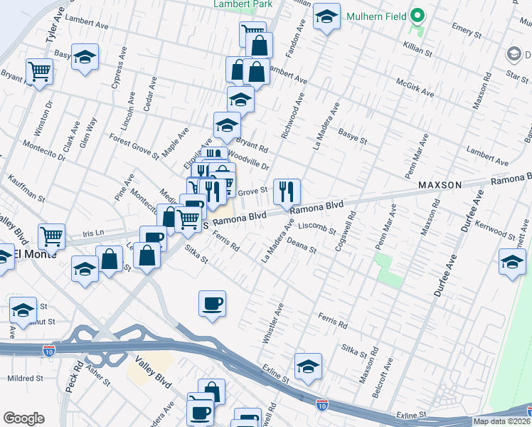 map of restaurants, bars, coffee shops, grocery stores, and more near 11718 Ramona Boulevard in El Monte