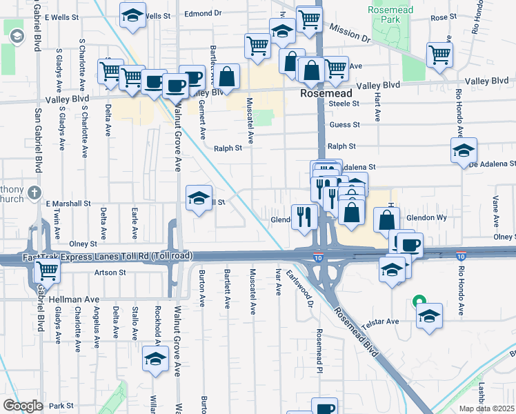 map of restaurants, bars, coffee shops, grocery stores, and more near 8809 Glendon Way in Rosemead