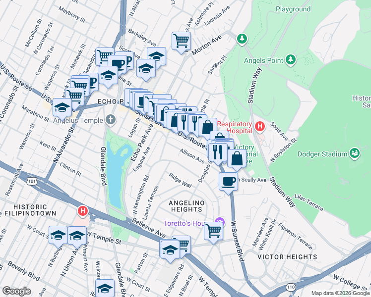 map of restaurants, bars, coffee shops, grocery stores, and more near 1440 Allison Avenue in Los Angeles