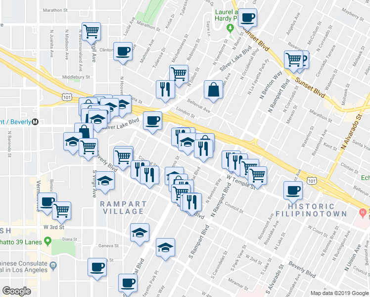 map of restaurants, bars, coffee shops, grocery stores, and more near 262 North Reno Street in Los Angeles