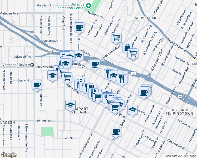 map of restaurants, bars, coffee shops, grocery stores, and more near 223 North Vendome Street in Los Angeles