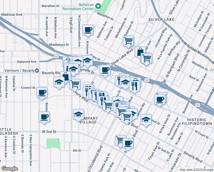 map of restaurants, bars, coffee shops, grocery stores, and more near 223 North Vendome Street in Los Angeles
