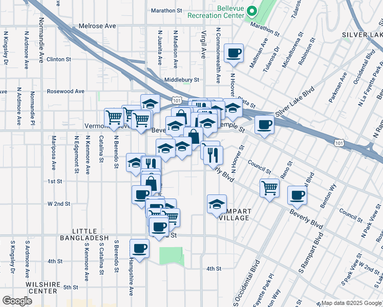 map of restaurants, bars, coffee shops, grocery stores, and more near 3600 Council Street in Los Angeles