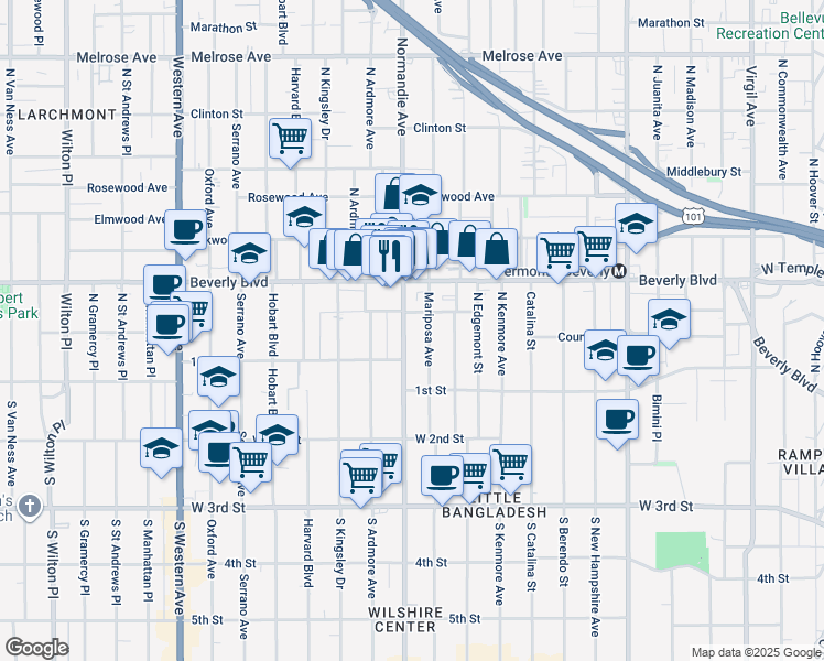 map of restaurants, bars, coffee shops, grocery stores, and more near 101 North Normandie Avenue in Los Angeles