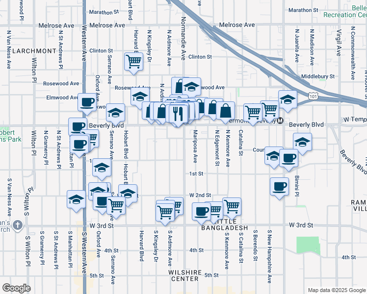 map of restaurants, bars, coffee shops, grocery stores, and more near 101 North Normandie Avenue in Los Angeles