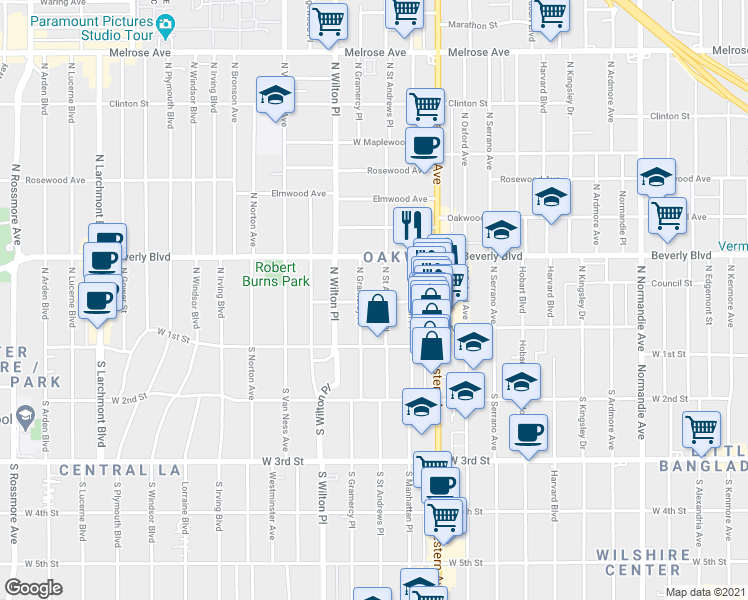 map of restaurants, bars, coffee shops, grocery stores, and more near 139a North Gramercy Place in Los Angeles